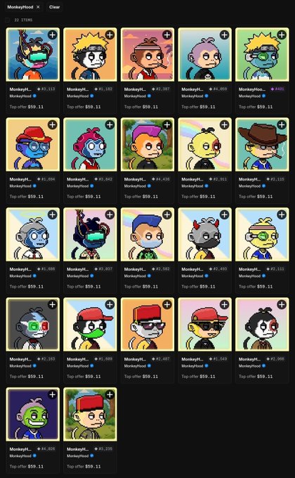 A grid of cartoon-style NFT monkey avatars on the MonkeyMood marketplace, each listed with a top offer of $59.11.