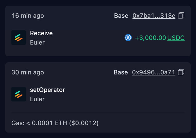 A screenshot of a wallet activity showing a **3,000 USDC** receive from **Euler** on **Base** (16 min ago) and a **setOperator** call to Euler on Base (30 min ago, gas < 0.0001 ETH / $0.0012), illustrating the free airdrop referenced in the post.