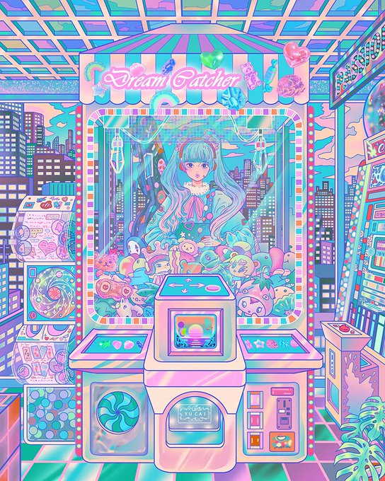 Vibrant pastel-colored anime illustration of an arcade featuring a 'Dream Catcher' claw machine filled with plush toys, centered around an anime girl with long blue hair, surrounded by other arcade machines.