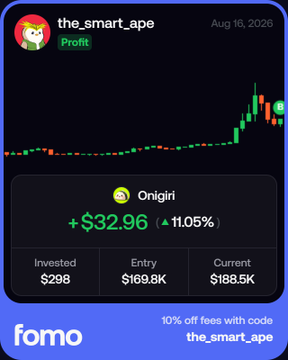 A Fomo app trading screenshot shows a profit of +$32.96 (+11.05%) on the $Onigiri token by user "the_smart_ape," with a $298 investment, $169.8K entry market cap, and $188.5K current market cap, illustrating the trader capitalizing on the mock data token found in Sushi's official GitHub repository.