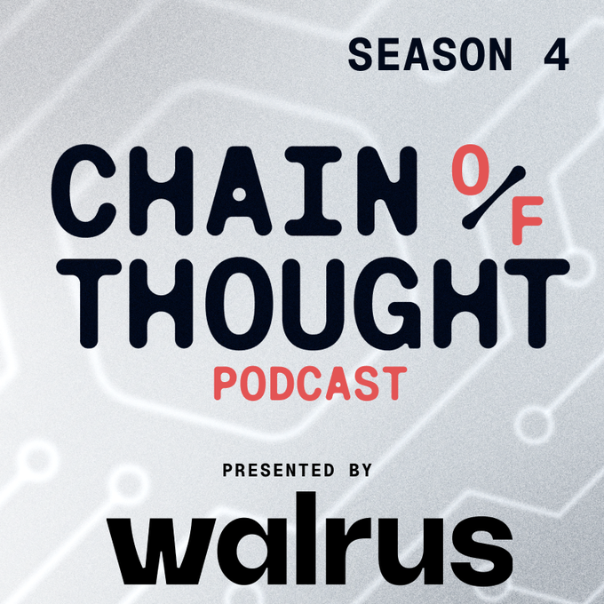 Promotional graphic for Season 4 of the "Chain of Thought Podcast," presented by Walrus, featuring bold black and red text on a light background with circuit-like design elements. The image ties to the announcement by highlighting Walrus as the second presenting sponsor for the new season, which will focus on topics including agent memory.