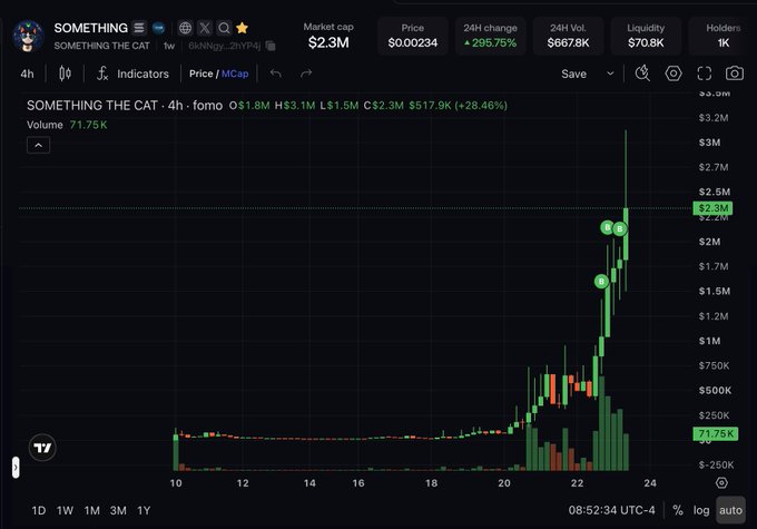 TradingView chart for the meme coin 'SOMETHING THE CAT' showing a dramatic price spike with the 24H change up 295.75% and market cap of $2.3M.