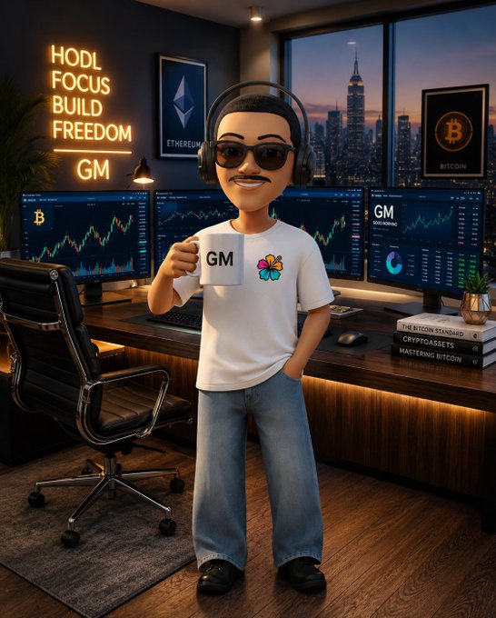 A stylized character stands in a modern crypto trader's office, wearing sunglasses, headphones, and a white "GM" t-shirt while holding a coffee mug. The setup features multiple monitors displaying Bitcoin and Ethereum charts, with a neon sign reading "HODL FOCUS BUILD FREEDOM GM" and framed Bitcoin and Ethereum artwork on the walls, perfectly capturing the upbeat "GM winners" spirit of the post.