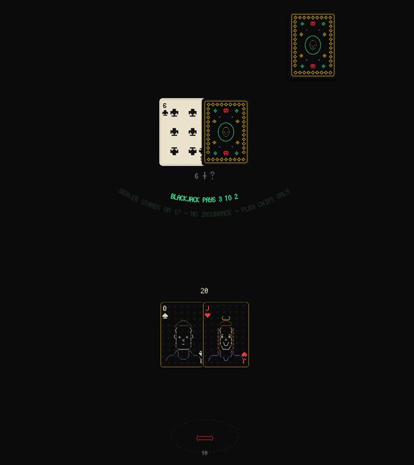 A digital card game interface displays a '6 of Clubs' card with a value of 6 next to a face-down card labeled 'BLACKJACK PAYS 3 TO 2'.