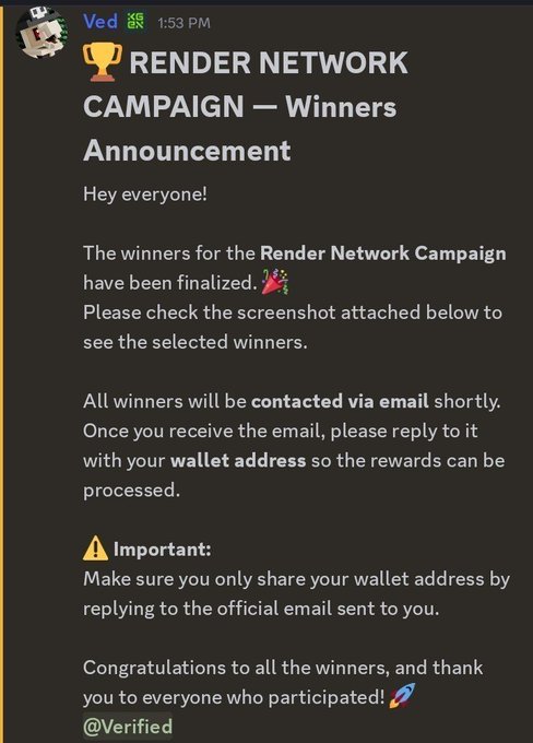 A Discord message from user 'Ved' announcing 'RENDER NETWORK CAMPAIGN — Winners Announcement', instructing winners to reply with their wallet address via official email.