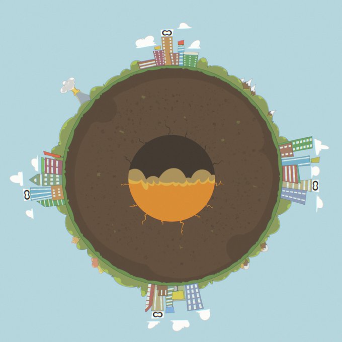 A cartoon illustration of a cross-section of a planet resembling Earth, revealing a molten orange core surrounded by brown dirt, with small city buildings, clouds, and trees built around its outer edge.