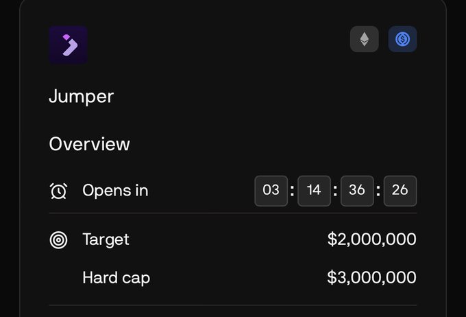 A dark digital interface for "Jumper" shows a countdown timer reading "03:14:36:26," with a target of $2,000,000 and a hard cap of $3,000,000.