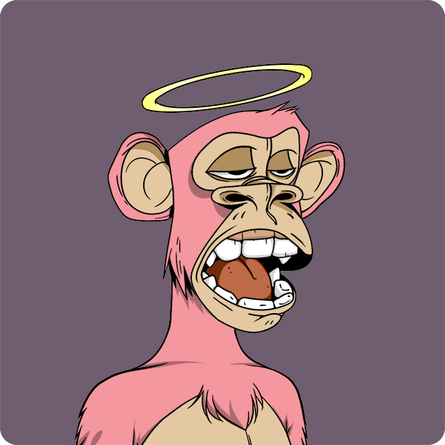 A digital illustration of a pink-furred monkey character with a yellow halo, displaying a bored expression and open mouth against a purple background.
