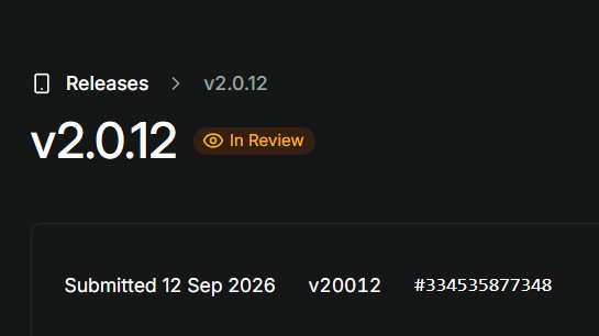 A dark interface showing a software release page for version "v2.0.12" marked "In Review", with text "Submitted 12 Sep 2026 v20012 #334535877348".