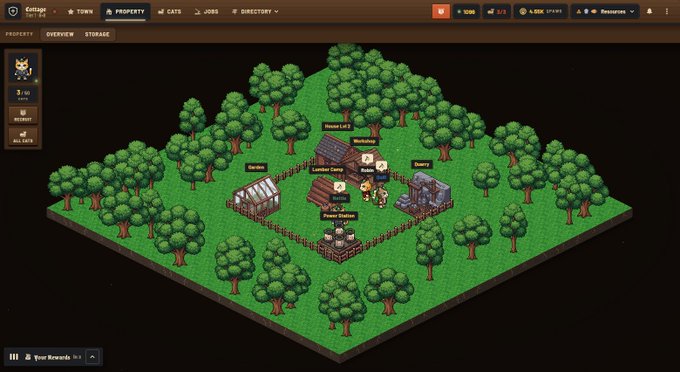 Screenshot of a pixel art video game farm or settlement view called 'Cottage', showing fenced enclosures, a power station, garden, lumber camp, houses, a market, and a quarry surrounded by trees.