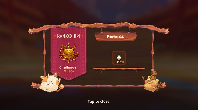 A game notification showing a '+RANKED UP!' banner awarding 'Challenger' rank and a reward of 11,115 gems, featuring cute cartoon cat and bird characters.