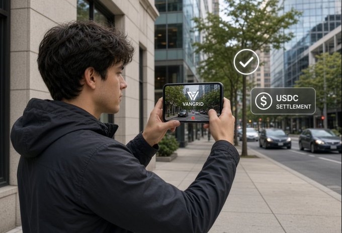A man on a city street uses a smartphone app labeled 'VANGRID' to capture a car, with overlay graphics showing a checkmark and 'USDC SETTLEMENT'.