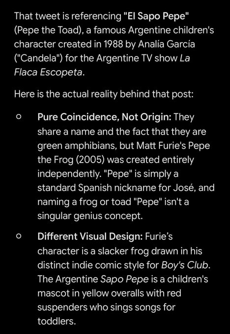 A black screenshot with white text explains that a tweet referenced 'El Sapo Pepe,' an Argentine children's character created in 1988 by Analia Garcia, distinguishing it from Matt Furie's 2005 'Pepe the Frog' comic, noting the name 'Pepe' is a common Spanish nickname and that their visual designs differ significantly.