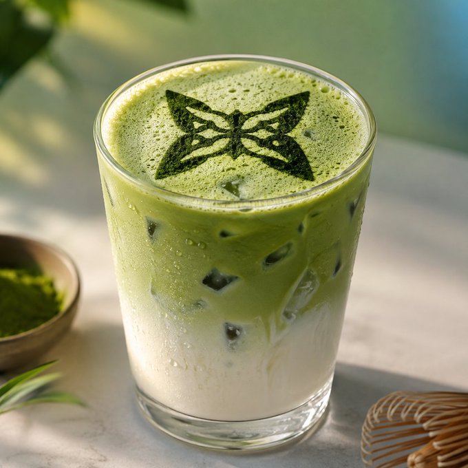 A layered iced matcha latte in a clear glass features green matcha on top of white milk with ice, decorated with a butterfly-shaped matcha powder design on the foam.