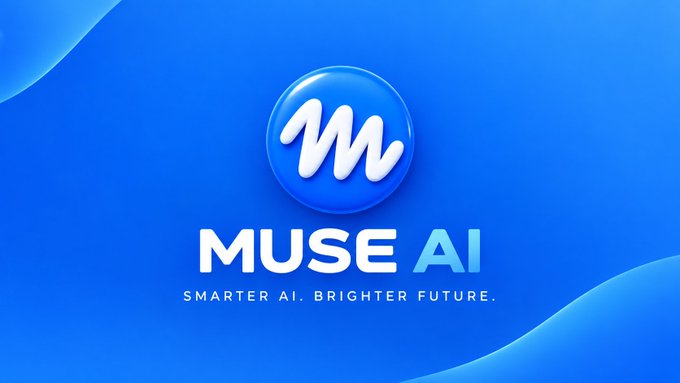 A blue logo screen for 'MUSE AI' with the tagline 'SMARTER AI. BRIGHTER FUTURE.'