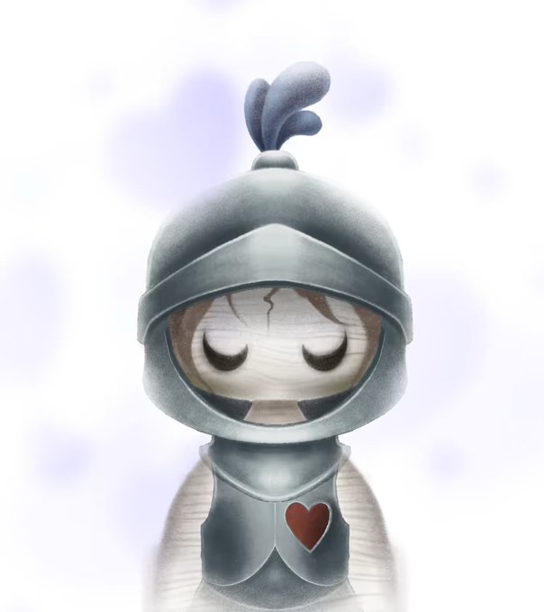 A digital illustration of a small character in gray knight armor with a red heart emblem on the chest, featuring a cracked white face with closed eyes and a blue feather on the helmet.
