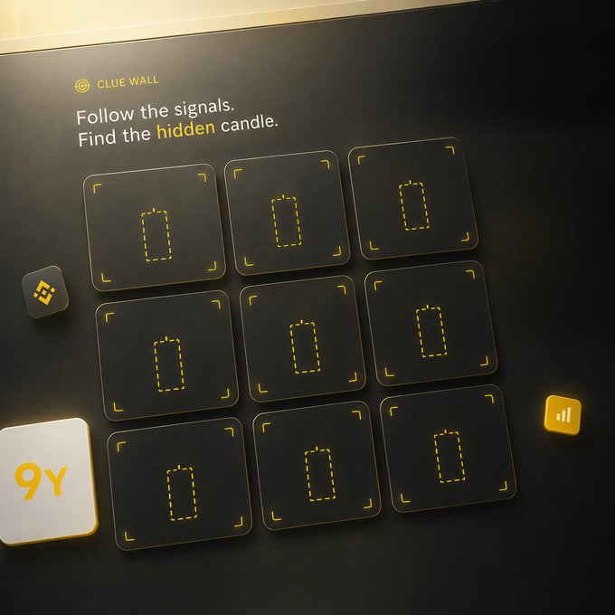 A 3x3 grid of dark clue tiles with dashed yellow outlines and corner brackets forms the "Clue Wall," with the text "Follow the signals. Find the hidden candle." displayed above. A "9Y" icon appears in the bottom-left, a small gear/filter icon sits on the left side, and a yellow bar chart icon is positioned on the right, all part of an interactive puzzle challenging viewers to locate a hidden candle within the tiles.