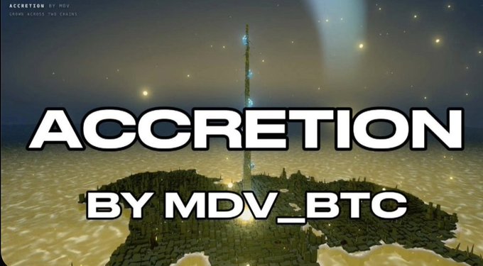 A video game screenshot or promotional art with the title text "ACCRETION BY MDV_BTC", showing a tall tower on a floating island amidst a starry sky and clouds.
