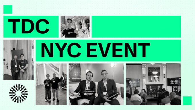 A promotional graphic for the TDC NYC Event features a collage of black-and-white photos showing attendees and speakers at the Digital Chamber's Convergence Forum, with bold green text highlighting the event name. The image visually captures the networking and panel discussions mentioned in the post, where Mantle Squad engaged with industry leaders from firms like BlackRock, Fidelity, Fireblocks, and FalconX in the financial capital.