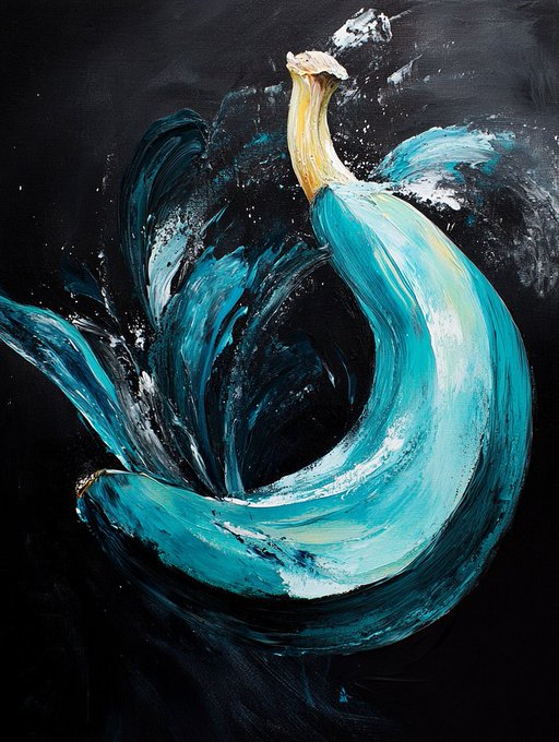 An expressive oil painting of a banana being peeled, with the peel artistically rendered in swirling blue and teal brushstrokes against a dark black background.