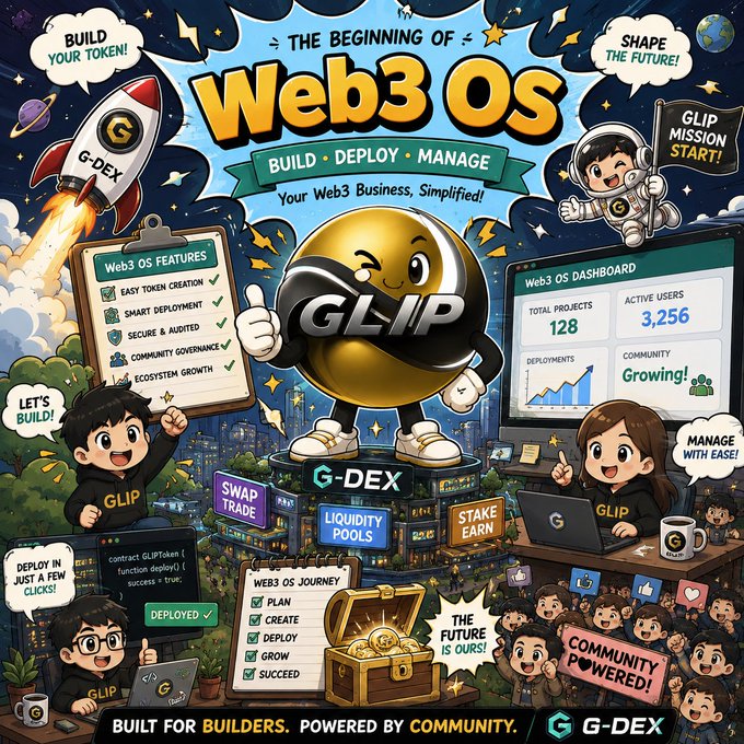 A vibrant promotional graphic for 'Web3 OS' by G-DEX/GLIP, featuring cartoon characters, a mascot globe, and text highlighting features like 'BUILD • DEPLOY • MANAGE', 'Easy Token Creation', 'Smart Deployment', and dashboard stats showing 128 projects and 3,256 active users.