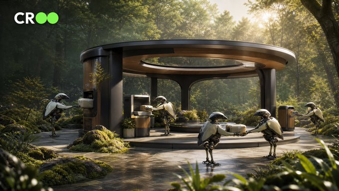 A "CROO" logo appears in the upper left corner of an image showing multiple robotic agents collaborating around a sleek pavilion in a sunlit forest, handing off packages and items as they work autonomously. The scene visually reinforces the post's message about the agent economy silently becoming reality through countless unseen transactions on the CROO platform.