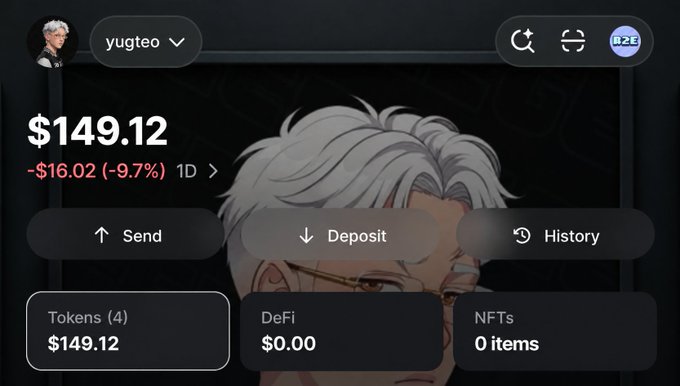 A cryptocurrency wallet app screen for the account "yugteo" showing a balance of $149.12 (-$16.02, -9.7%) with options for Send, Deposit, History, Tokens, DeFi, and NFTs.