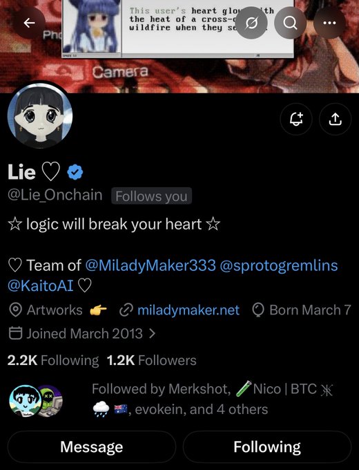 The image shows a Twitter/X profile for "Lie♡" (@Lie_Onchain), which displays a blue verification checkmark, a bio stating "☆ logic will break your heart ☆" and identifying themselves as part of teams for @MiladyMaker333, @sprotogremlins, and @KaitoAI, with 2.2K following and 1.2K followers. The accompanying post accuses Lie of being a collab manager who fraudulently submits their own "winning" wallets for these projects, noting the wallets were all created in August 2026.