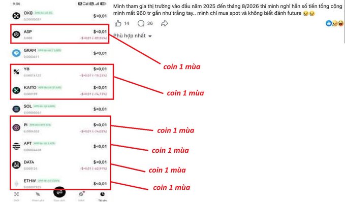 The image shows a cryptocurrency portfolio screenshot with multiple altcoin positions (OKB, ASP, GRAM, YB, KAITO, SOL, PI, APT, DATA, ETHY), with red annotations labeling most holdings as "coin 1 mùa" (one-season coins), while highlighting ASP as "Phù hợp nhất" (most suitable). This visually illustrates the post's analysis that the investor's 960 million VND portfolio consisted largely of short-lived altcoins rather than fundamentally strong long-term assets like TON and SOL.