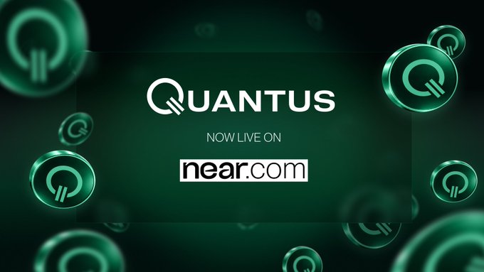A green promotional graphic announcing 'Quantus NOW LIVE ON near.com' surrounded by floating 3D coin icons bearing the same Q logo.