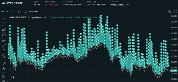 A financial chart displays the HYPE/USDC trading pair from Hyperliquid, showing a current price of 58.495 and a 24-hour change of -1.25%.