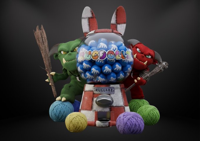 A 3D-rendered gachapon machine labeled "RUGLABZ" dispenses blue capsules reading "RUGDOLL," flanked by a green and red monster plushie, all sitting on colorful balls of yarn.