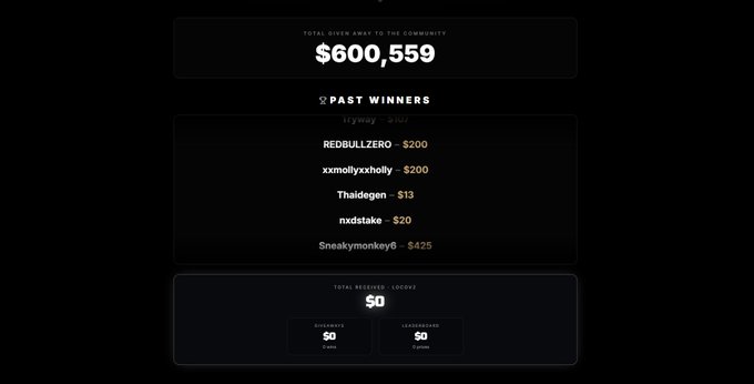 A dark-themed dashboard displays "$600,559" as the total given away to the community, alongside a list of past winners including REDBULLZERO ($200), xxmollyxxholly ($200), Thaidegen ($13), nxdstake ($20), and Sneakymonkey6 ($425), visually reinforcing the milestone announced in the post celebrating $600K in community rewards.