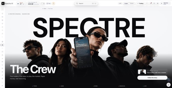 A webpage banner for a SPECTRE Season One original titled 'The Crew' featuring five characters, one holding a phone.