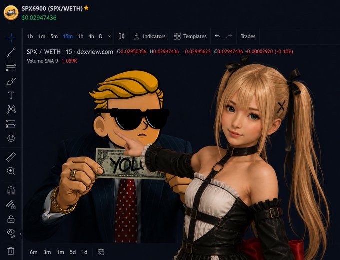 The image shows a TradingView chart for SPX6900 (SPX/WETH) at $0.02947436, overlaid with a cartoon figure in sunglasses handing a modified dollar bill marked "YOLO" to an anime-style blonde character in a leather harness. The scene visually reinforces the post's message about the cultural overlap between on-chain meme tokens like SPX and YOLO, symbolizing a rebellious, risk-taking ethos in both crypto and traditional finance.