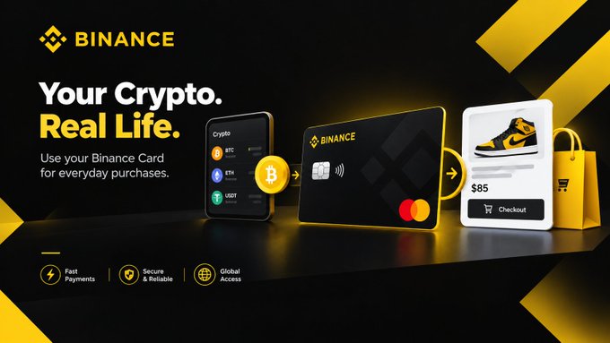 A Binance promotional graphic showcasing the "Your Crypto. Real Life." campaign, featuring a smartphone displaying crypto assets (BTC, ETH, USDT), a Binance Mastercard, and a checkout screen for $85 sneakers, illustrating how users can spend cryptocurrency on everyday purchases.