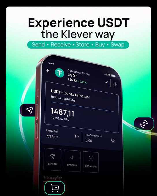 The image is a promotional graphic featuring a red iPhone displaying the Klever Wallet app interface with a USDT balance of 1487.11 (≈7758.57 BRL) and a current rate of R$5.42, showing action buttons for "Enviar," "Receber," and "Escanear." The header reads "Experience USDT the Klever way" with the functions "Send • Receive • Store • Buy • Swap," visually reinforcing the post's message about Klever Wallet being an all-in-one solution for managing Tether.