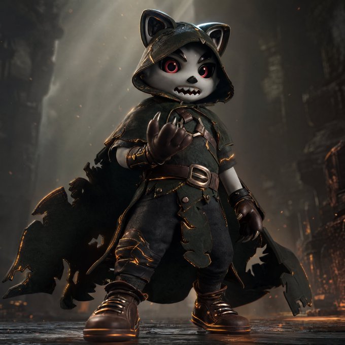 A stylized 3D-rendered character featuring a hooded raccoon-like figure with glowing red eyes, sharp teeth, and tattered dark clothing with gold accents, standing in a dimly lit, atmospheric setting.