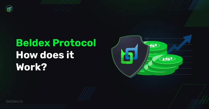 A promotional graphic for Beldex Protocol featuring the text "Beldex Protocol How does it Work?" alongside a shield logo, green coins, and an upward arrow, visually representing the protocol's focus on privacy and security in blockchain transactions as highlighted in the accompanying post.