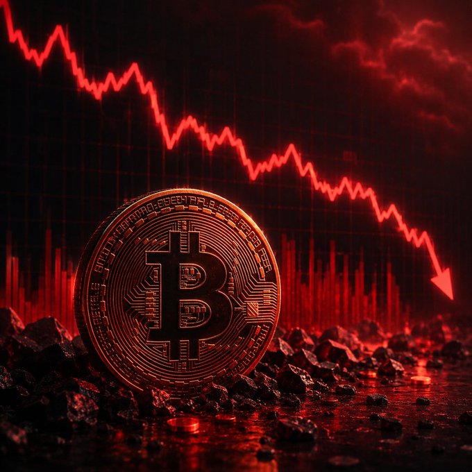 A Bitcoin coin sitting on rocky ground with a red downward-trending chart line and arrow in the background, depicting a market crash.