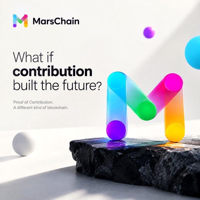 A 3D rendered MarsChain brand image featuring a colorful, translucent "M" logo resting on a dark stone slab with floating orbs, alongside the tagline "What if contribution built the future? Proof of Contribution. A different kind of blockchain."

The image visually reinforces the post's central question about redefining "contribution" by showcasing MarsChain's branding and their Proof of Contribution consensus model—the vibrant "M" serving as a tangible symbol of how meaningful work, rather than mere energy expenditure, could form the foundation of their blockchain.