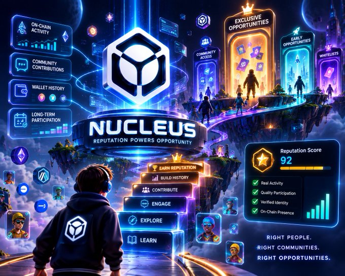 A futuristic promotional graphic for 'NUCLEUS' displays 'Reputation Powers Opportunity' with various features like 'On-Chain Activity', 'Community Contributions', and a 'Reputation Score 92' alongside the tagline 'Right People. Right Communities. Right Opportunities.'