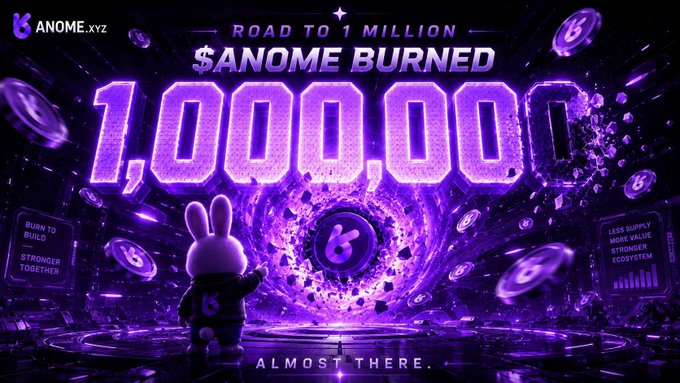 A vibrant purple promotional graphic for ANOME.xyz announcing '$ANOME BURNED 1,000,000' as part of their 'Road to 1 Million' campaign, featuring an animated bunny mascot and 'Almost There' text.