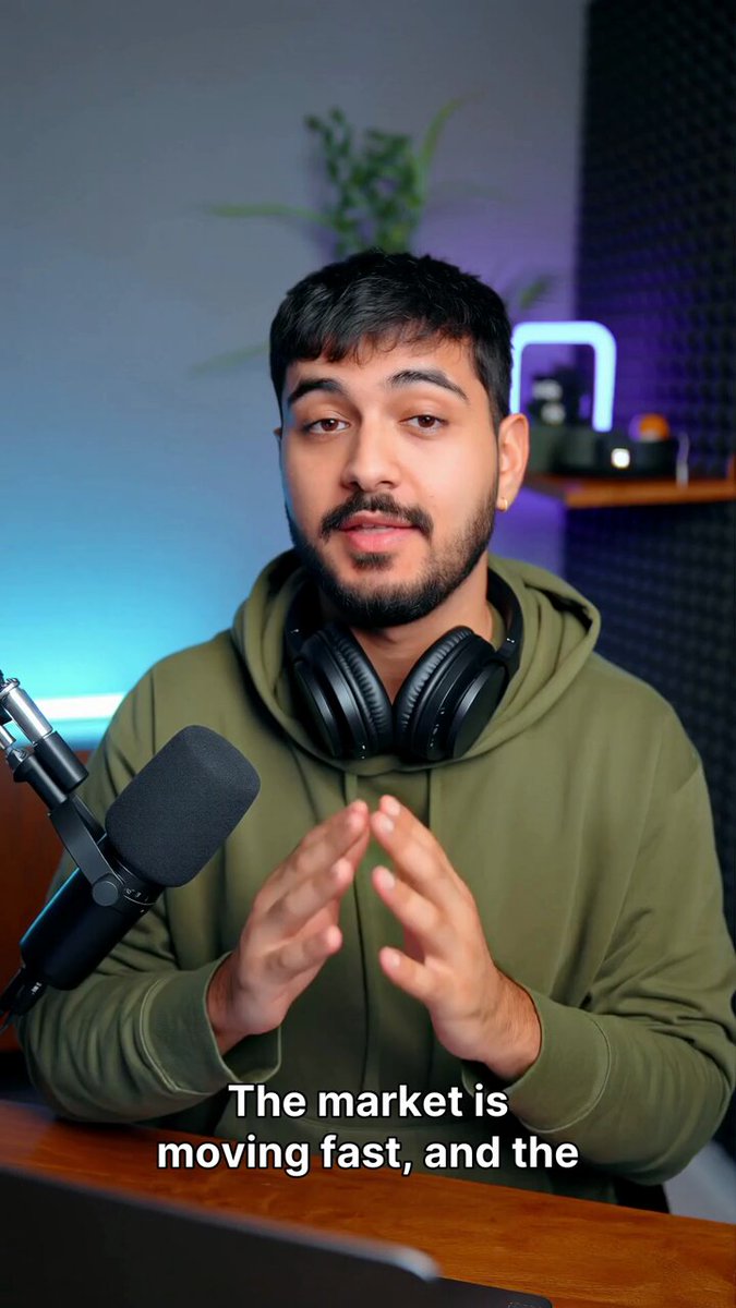 A man wearing a green hoodie is sitting at a desk with headphones on his head and a microphone behind him. The man appears focused while listening to the accompanying text, which emphasizes the importance of using a messaging app for quick trading without needing to centralize exchanges and lose control over one's assets.