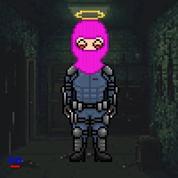 A pixel art character in tactical armor wears a pink balaclava with eyes visible and a golden halo above their head, standing in a dark corridor.