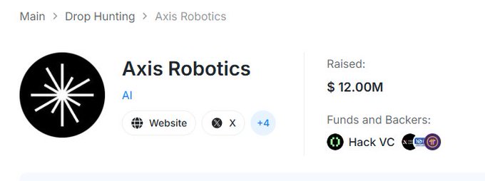 Axis Robotics, an AI project that raised $12M from backers including Hack VC, is highlighted as a potential upcoming Kaito listing, with the image showcasing its Crunchbase profile featuring its logo, website, social links, and funding details.