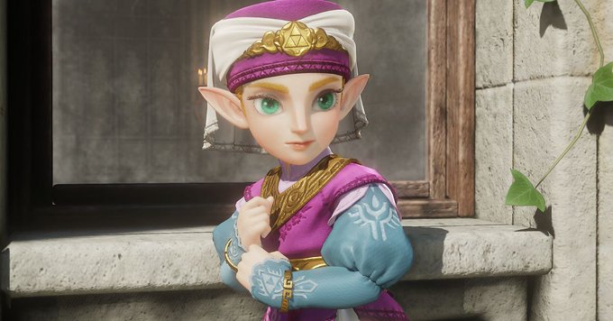 A 3D animated character with pointed ears, wearing a purple and white headpiece and a purple and blue outfit, stands by a stone window.