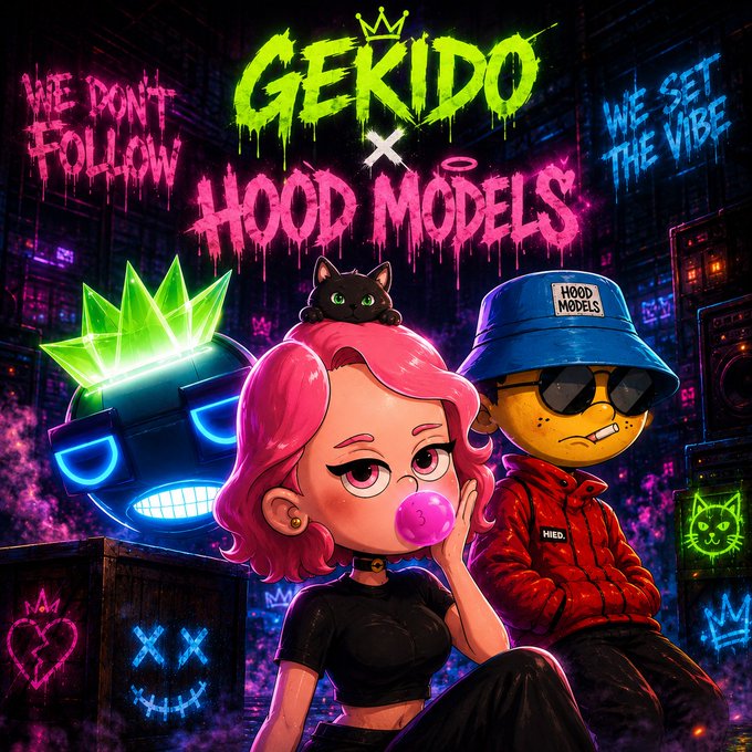 Colorful graffiti-style illustration titled 'GEKIDO x HOOD MODELS' featuring a pink-haired anime girl blowing bubble gum alongside a yellow hooded character with sunglasses and a cat.