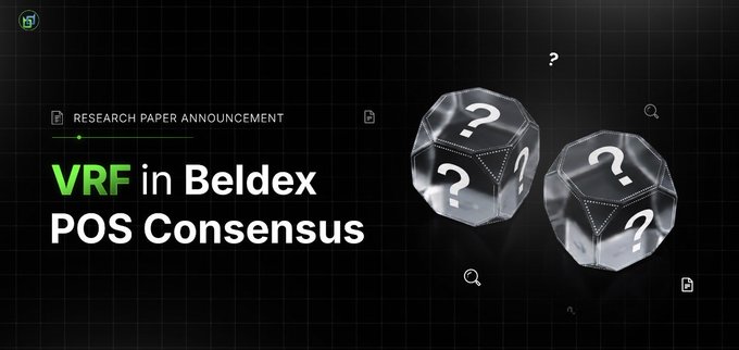 A dark research paper announcement graphic for Beldex featuring the text "VRF in Beldex POS Consensus" alongside two transparent 3D dice displaying question marks, visually symbolizing the randomness and unpredictability that Verifiable Random Function (VRF) technology brings to their Proof of Stake consensus mechanism.