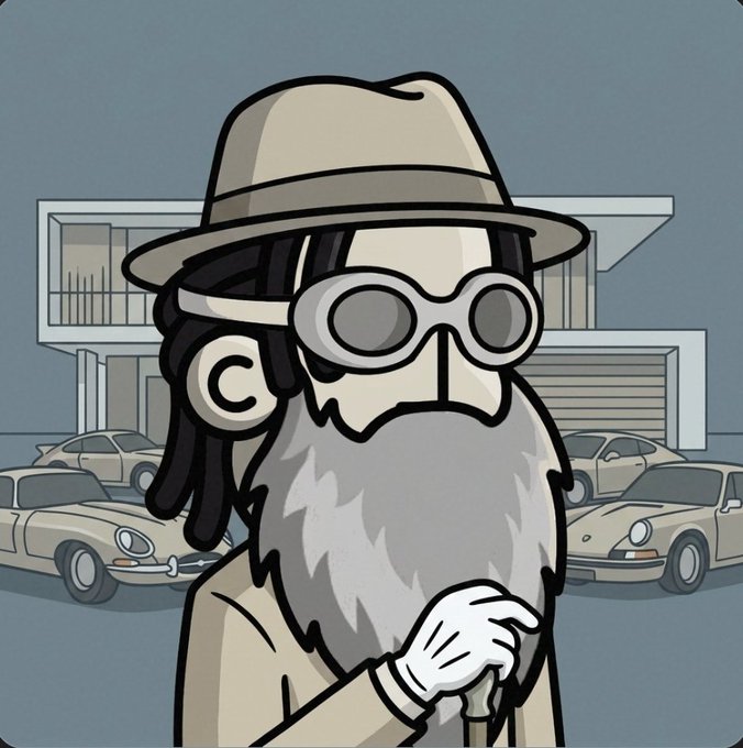 A cartoon illustration of a bearded character wearing a fedora and round goggles, with dreadlocks, standing in front of luxury cars parked near a modern building.